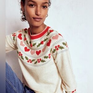 NWT Boden Christmas Edie Fair Isle Sweater
Oatmeal Melange, Holly Medium